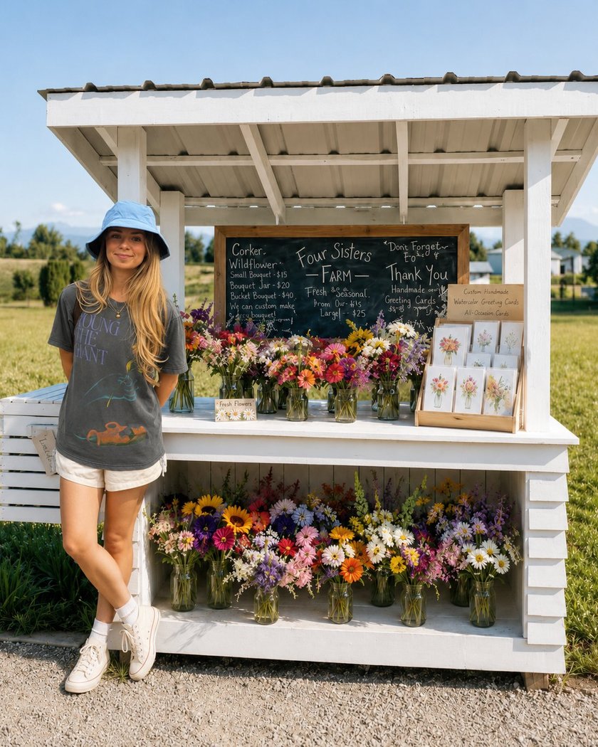 Madison at the Bloomsy flower stand